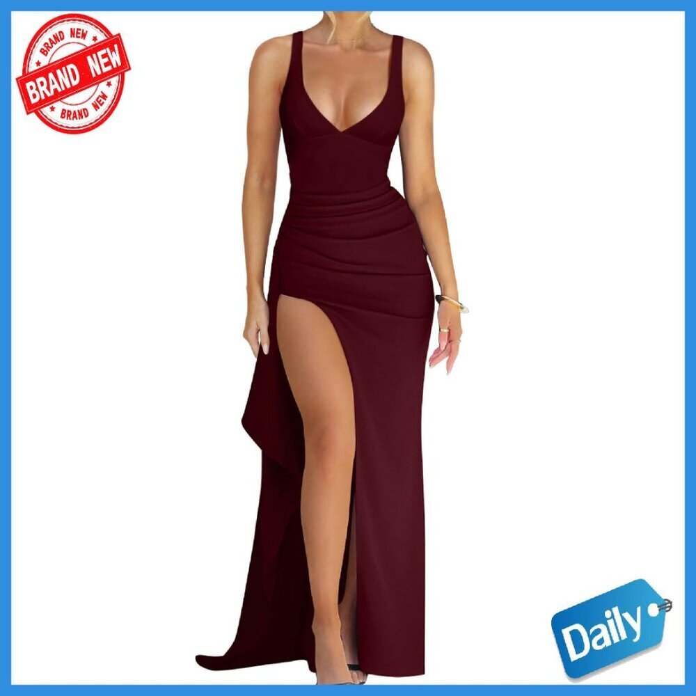 Plunge Neck Ruched Bodycon Maxi Dress with High Slit, Adjustable Straps